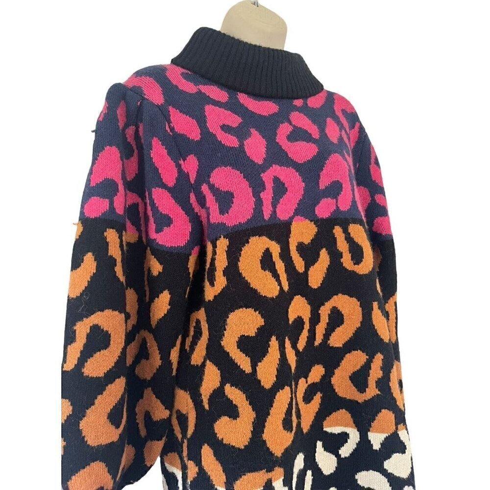 Farm Rio Mixed Leopards Sweater Dress Women's Sz S Pink Blue Orange Black White - Picture 4 of 11